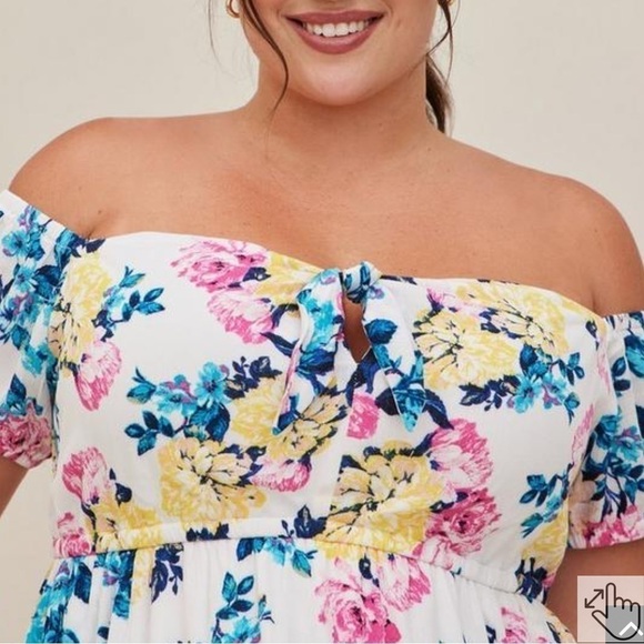 Torrid Mini Gauze Puff Sleeve Skater Dress White Floral - Picture 4 of 11